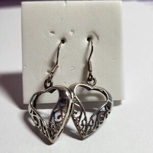 Vintage Sterling Silver Filigree Open Heart Dangle Earrings